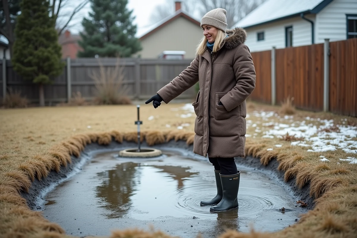 Propriétaire constatant une zone saturée près du champ d'épandage de sa fosse septique en hiver