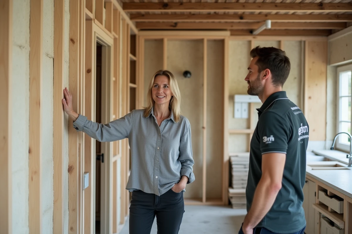 Propriétaire et professionnel de la rénovation discutant de travaux d'isolation écologique dans une cuisine en chantier à Rillieux-la-Pape