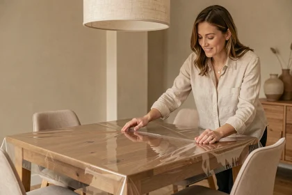 Femme installant une protection de table transparente en PVC sur une table en bois chêne dans une salle à manger moderne