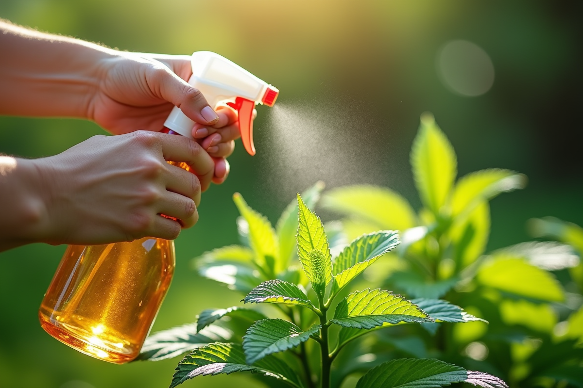 Main pulvérisant un spray de menthe dans un jardin en plein air