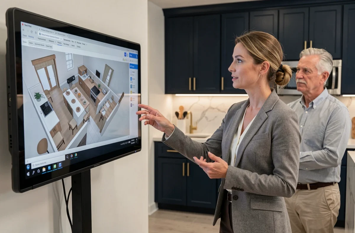 Conseillère de Queva Aménagement présentant un plan de cuisine en 3D à un couple dans un showroom contemporain