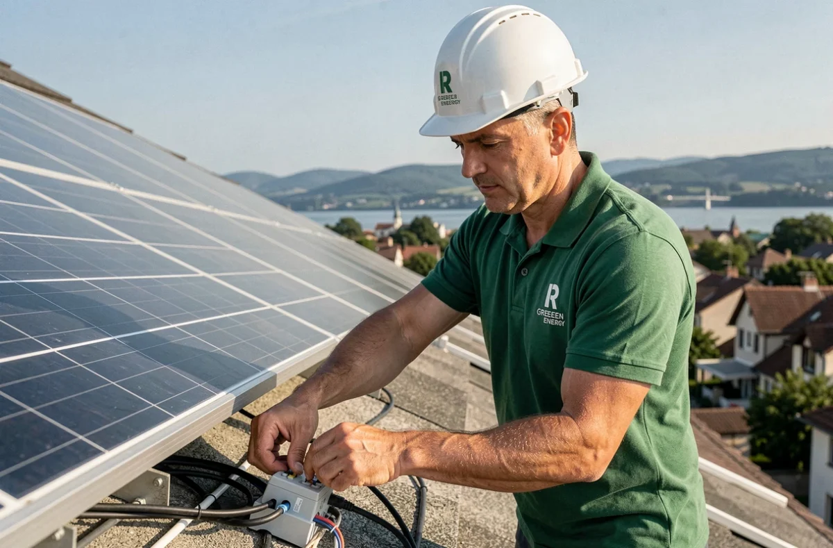 Technicien de R Green Energy connectant des panneaux solaires sur un toit résidentiel en Rhône-Alpes