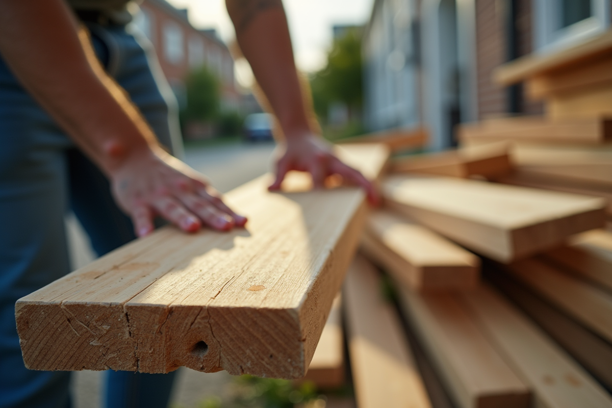 Personne ramassant une planche en bois dans une rue urbaine
