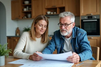 Couple examine plans de rénovation dans une cuisine moderne