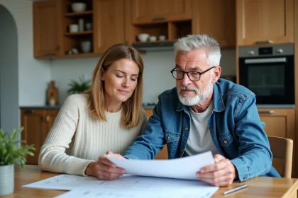 Couple examine plans de r&eacute;novation dans une cuisine moderne