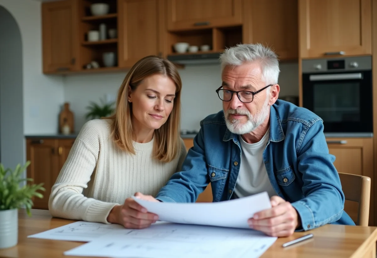 Couple examine plans de rénovation dans une cuisine moderne