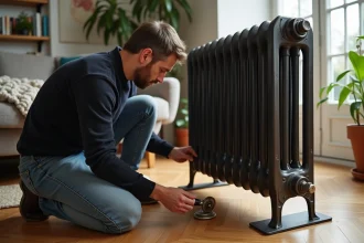 Homme d'âge moyen ajustant un radiateur ancien dans un salon lumineux