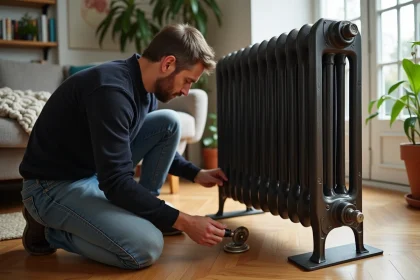Homme d'âge moyen ajustant un radiateur ancien dans un salon lumineux