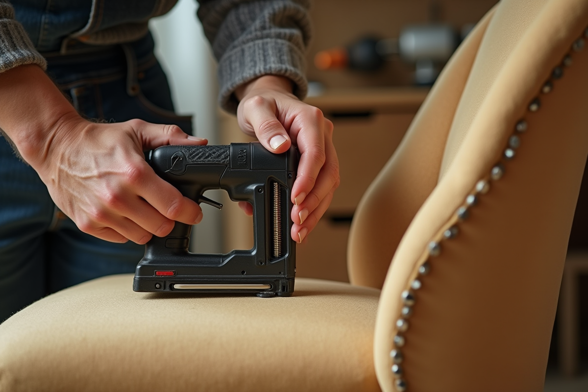 Main d'artisan utilisant une agrafeuse pour renforcer le fauteuil