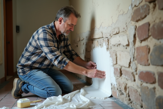 Homme appliquant enduit anti-salpetre sur mur ancien