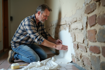 Homme appliquant enduit anti-salpetre sur mur ancien