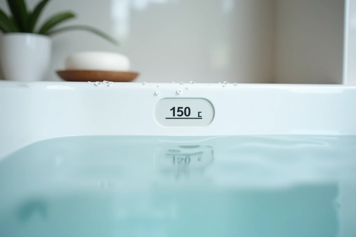 Repère de contenance en litres gravé sur la paroi intérieure d'une baignoire acrylique blanche avec surface d'eau visible