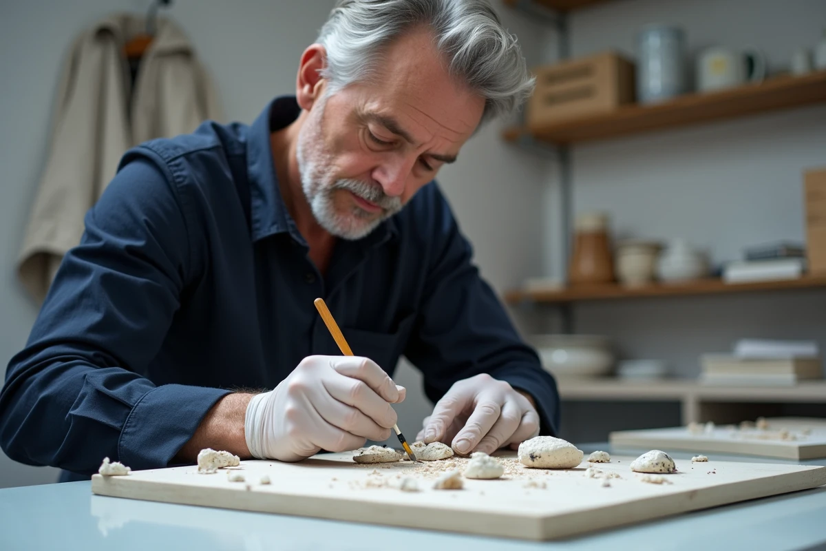 Restaurateur appliquant de l'adhésif sur une faïence Henriot Quimper en cours de restauration professionnelle