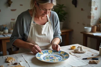 Artisane examinant une faïence Henriot Quimper fissurée avant restauration dans un atelier breton