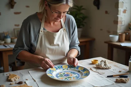 Artisane examinant une faïence Henriot Quimper fissurée avant restauration dans un atelier breton