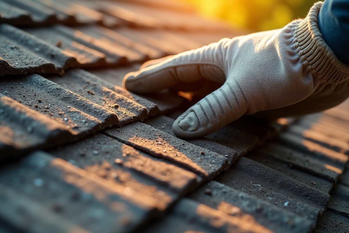 Gros plan sur des tuiles de toiture anciennes avec main gantée