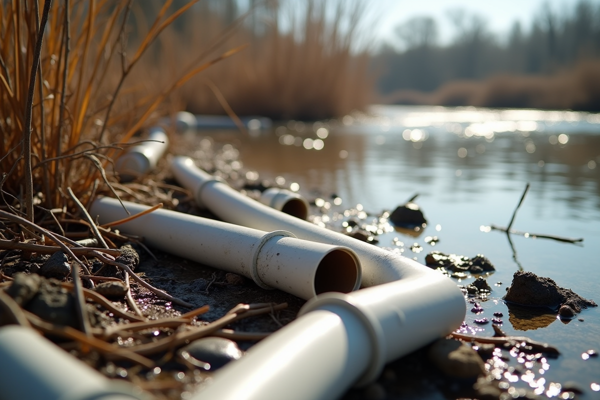 Rivière polluée avec débris de PVC cassés et roseaux
