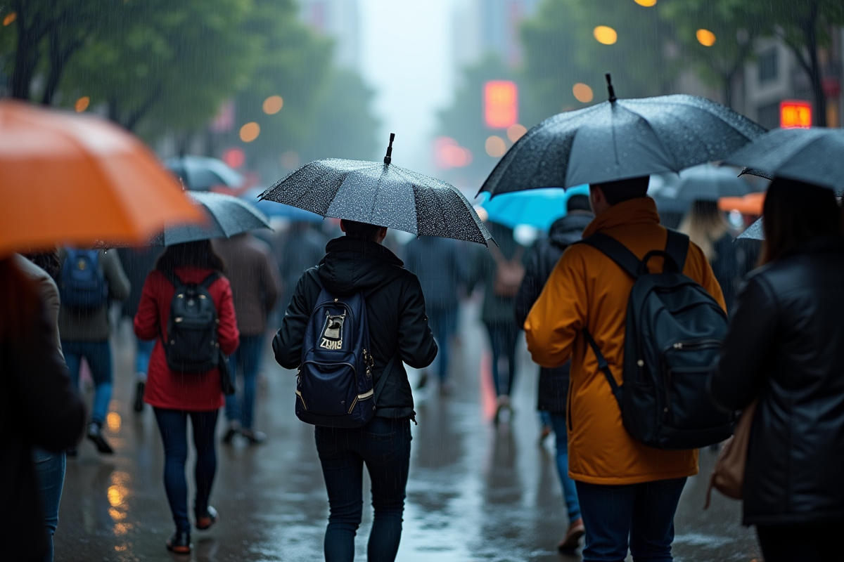 Rue animée sous la pluie avec parapluies et pavé mouillé