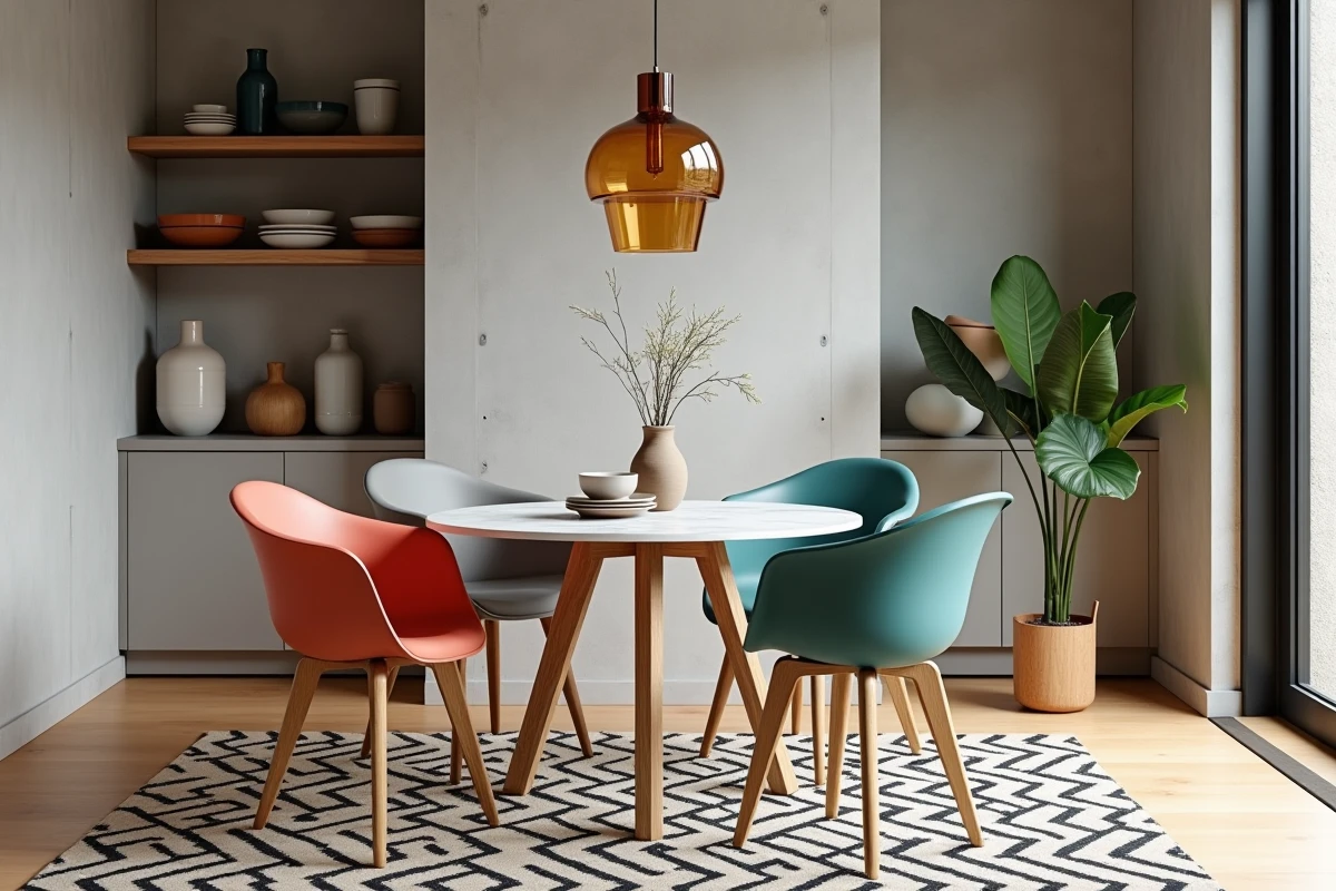 Salle à manger scandinave avec table en marbre, chaises colorées en plastique moulé et suspension en verre ambré, mélange pop et nordique