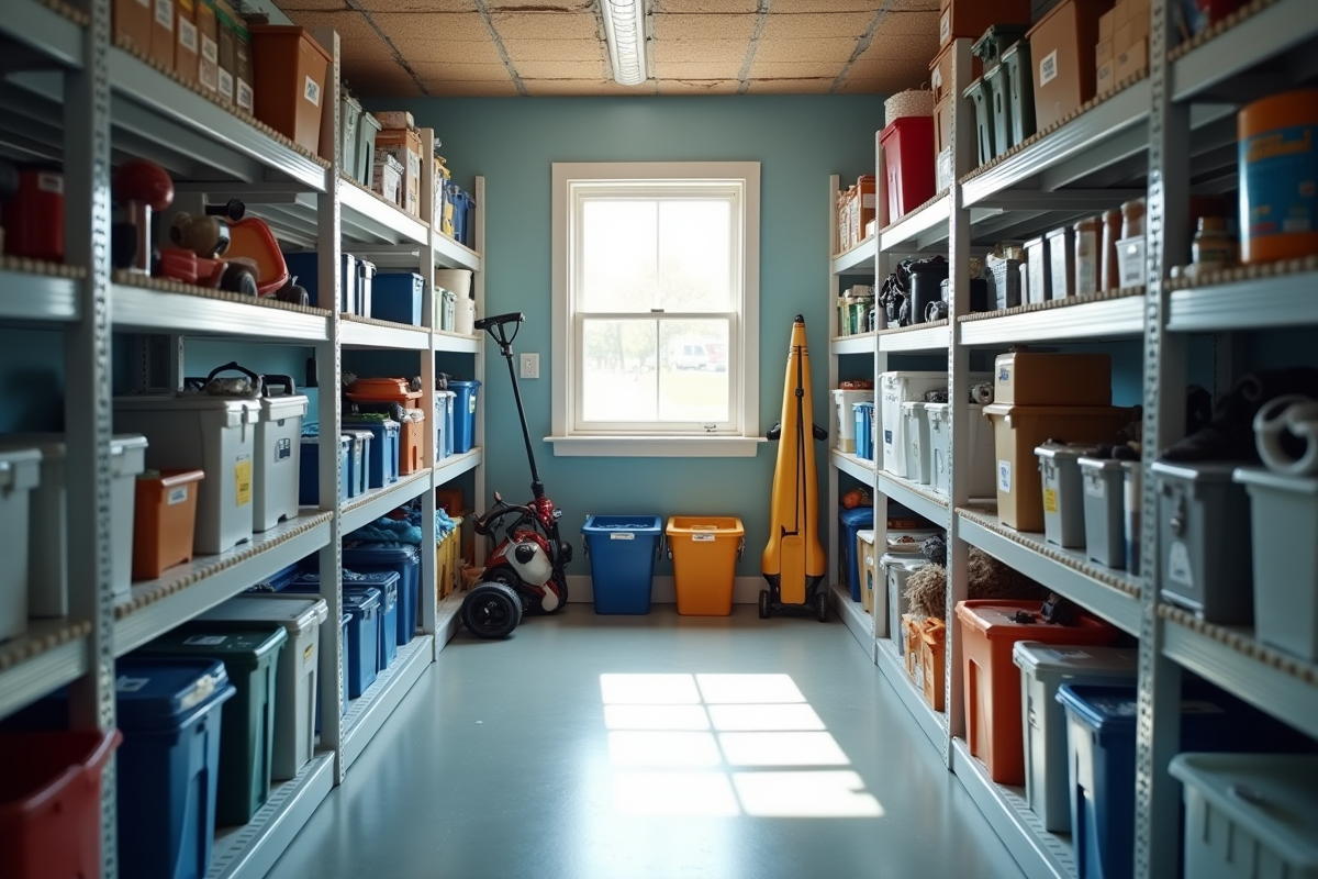 Salle de stockage propre avec étagères blanches et bacs