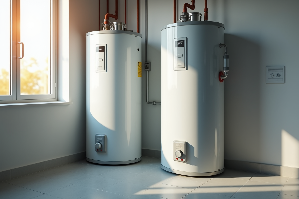 Salle de lavage avec deux chauffe-eau électriques modernes
