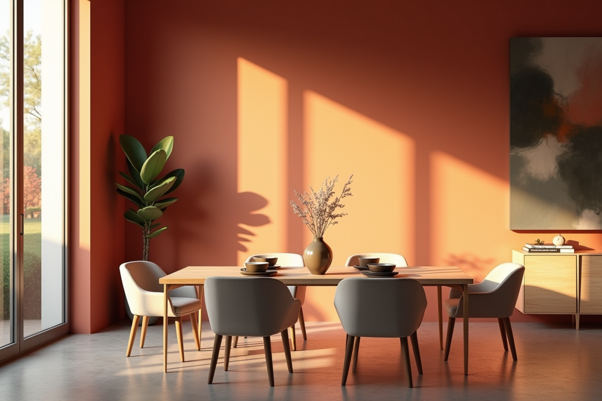 Salle à manger élégante avec murs en terre cuite et lumière du matin