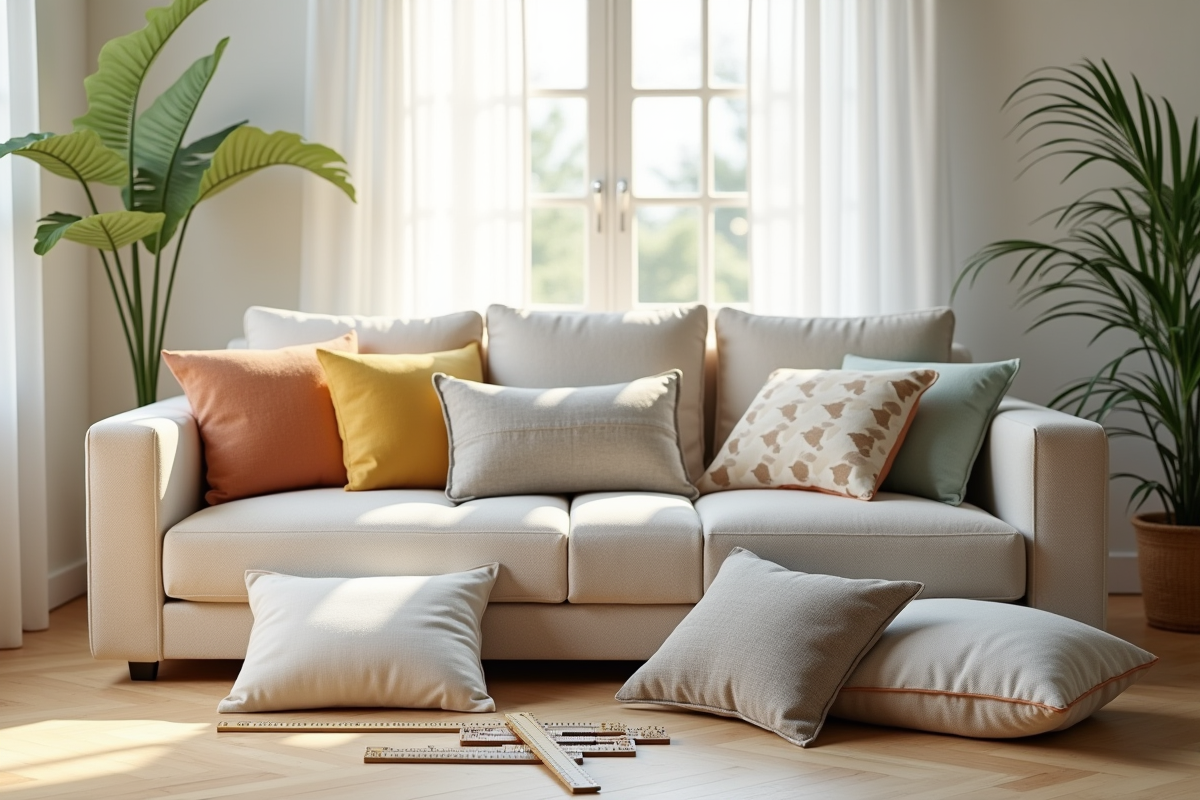 Salon lumineux avec plusieurs coussins aux motifs variés