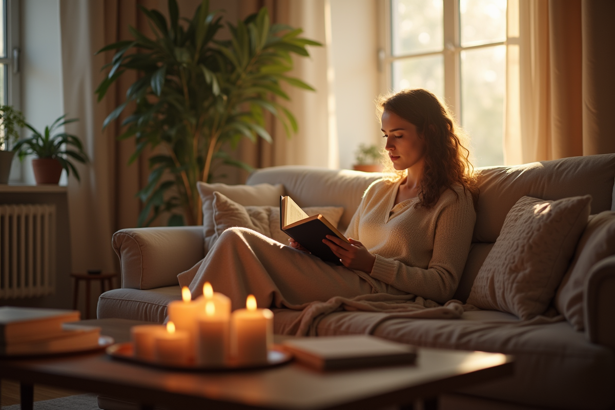 Salon chaleureux avec femme lisant un livre et bougies