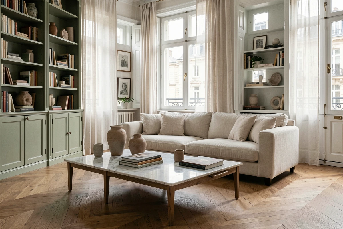 Salon réaménagé par l'agence de décoration LeSavoirFaireDéco à Lille avec parquet en chêne, bibliothèque sur mesure et mobilier en lin