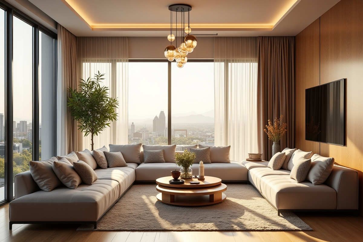 Salon moderne bien éclairé par la lumière naturelle