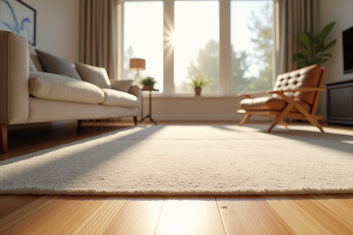 Salon moderne avec tapis Scotch sur le sol en bois