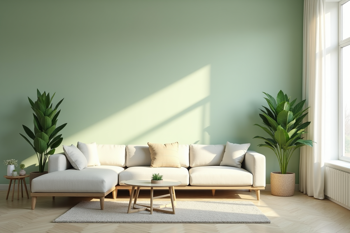 Salon moderne avec murs vert sauge et lumière naturelle