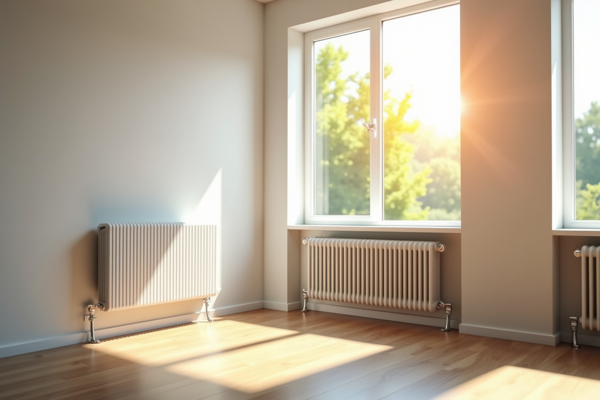 Salon lumineux avec ventilation murale et radiateur