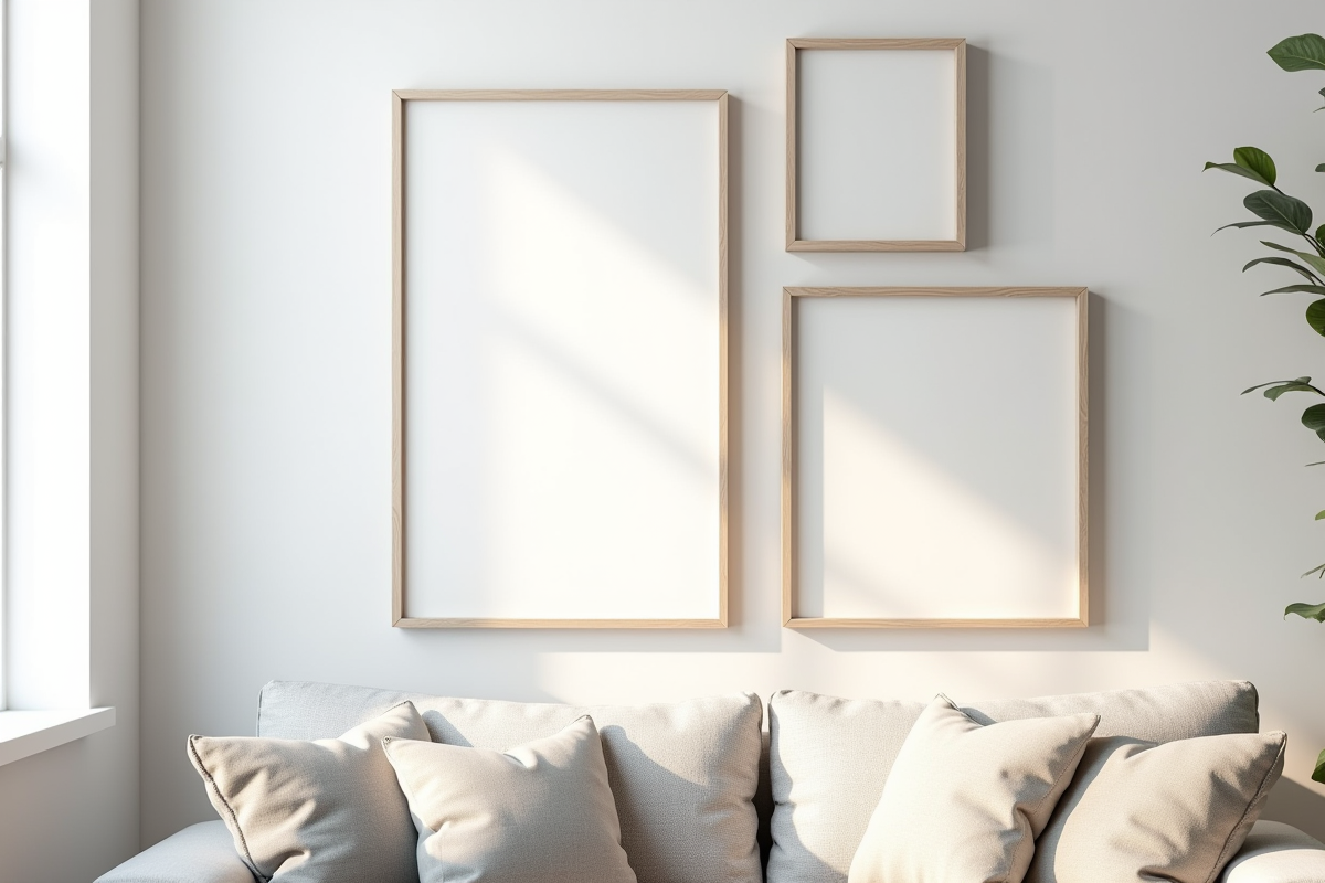 Salon moderne avec cadres au mur et canapé neutre