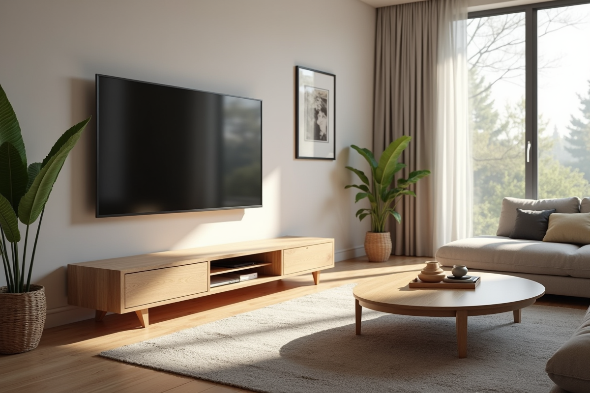 Salon moderne avec lumière naturelle et mobilier épuré