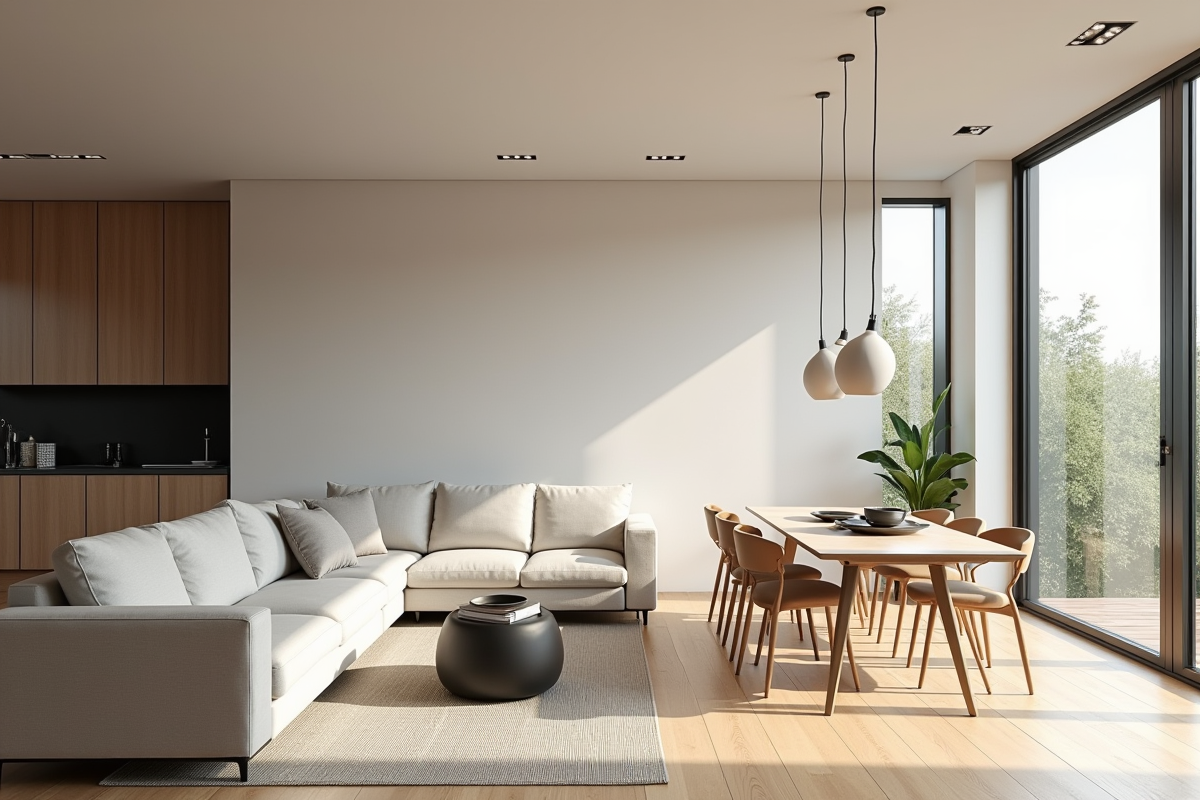 Salon spacieux avec décoration scandinave lumineuse