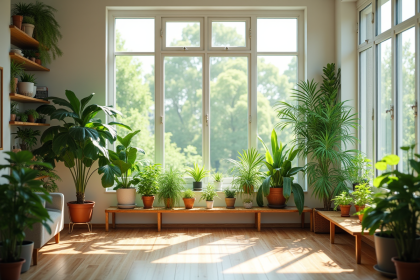 Salon lumineux avec plantes vertes et décoration moderne