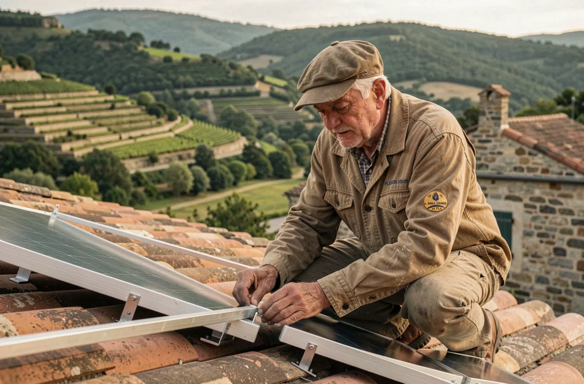 Artisan de SARL A. Grange et Fils inspectant une installation solaire sur un toit en tuiles d'une ferme ardéchoise