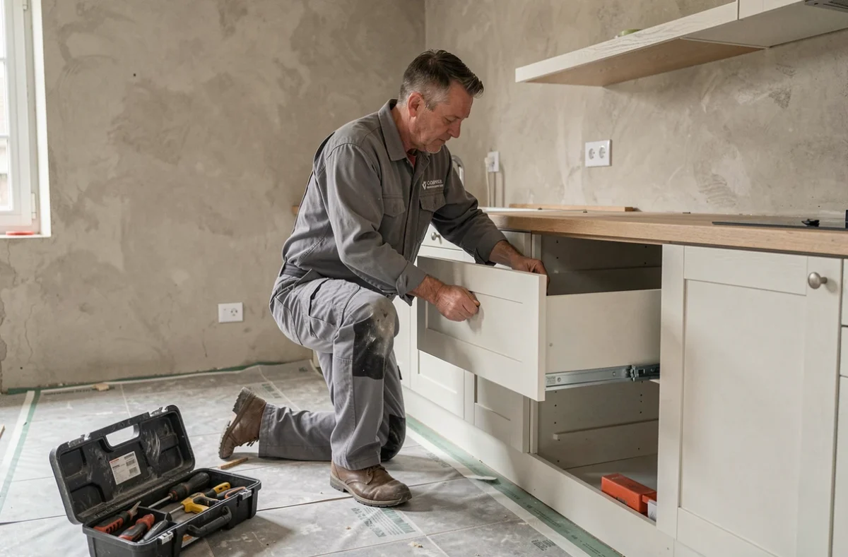 Installateur de la SARL GGG posant un module de cuisine dans une maison en rénovation dans l'Orne