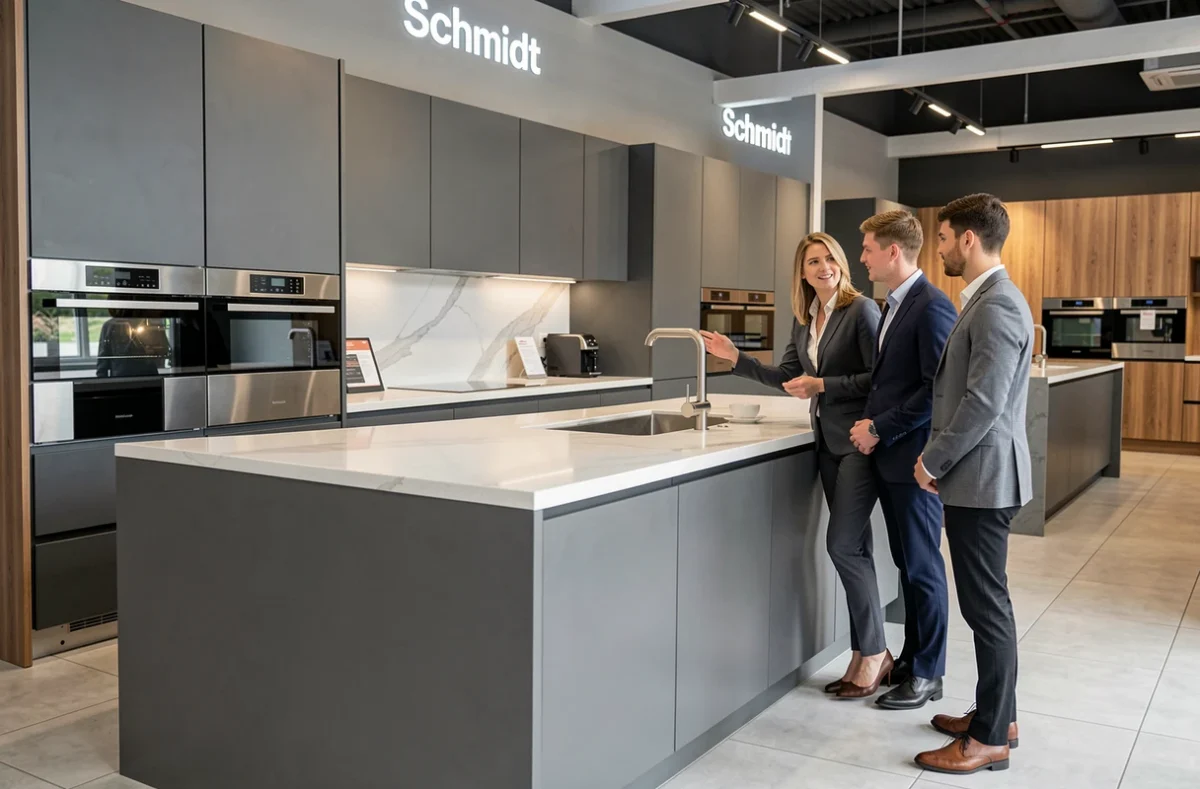 Cuisine Schmidt anthracite avec îlot blanc présentée par une conseillère dans un showroom de l'Orne