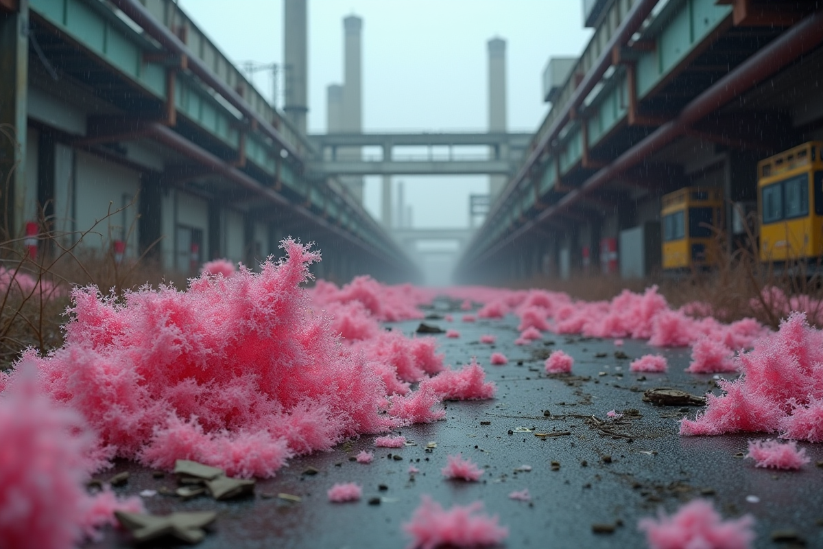 Site industriel abandonné avec isolation en laine de verre rose dispersée