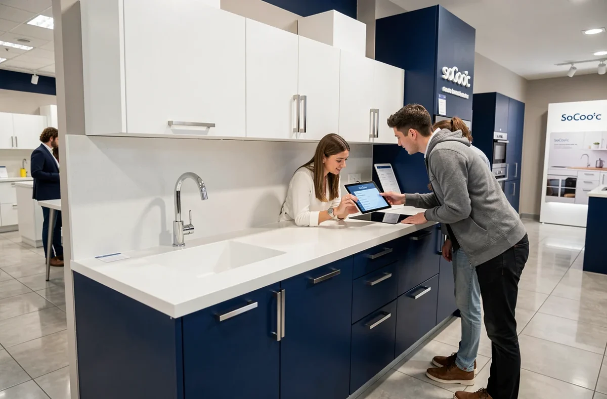 Cuisine SoCoo'c bicolore blanc et bleu marine avec conseillère présentant des options de personnalisation sur tablette