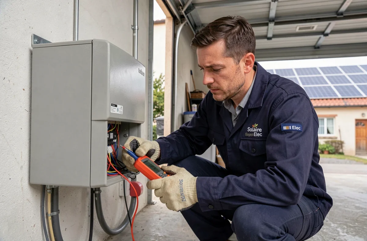 Électricien de Solaire Elec vérifiant un onduleur solaire dans le secteur lyonnais