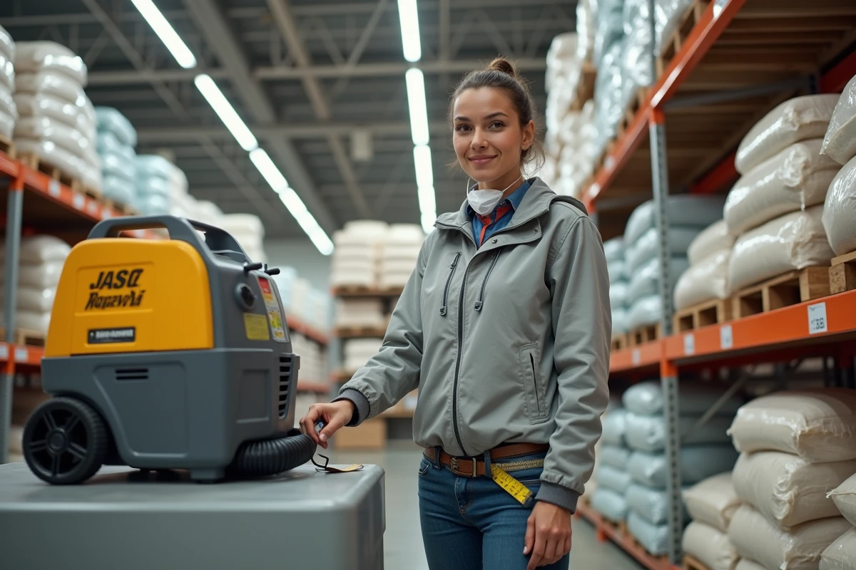 Femme examinant une souffleuse à ouate de cellulose en location dans un magasin de bricolage type Brico Dépôt