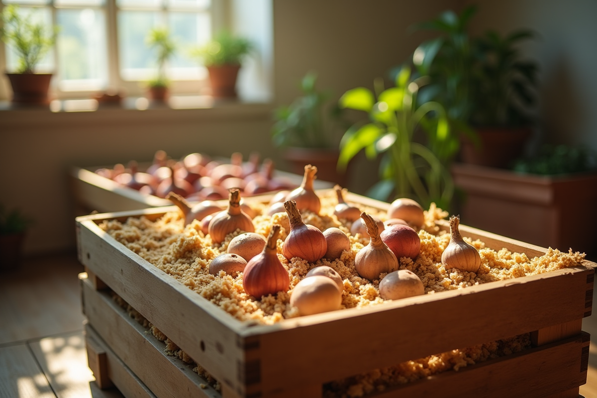 Tuberoses rangés dans une caisse en bois avec sciure