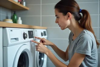 Femme lisant les symboles sur le bac à lessive d'un lave-linge moderne dans une buanderie