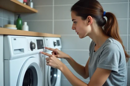 Femme lisant les symboles sur le bac à lessive d'un lave-linge moderne dans une buanderie
