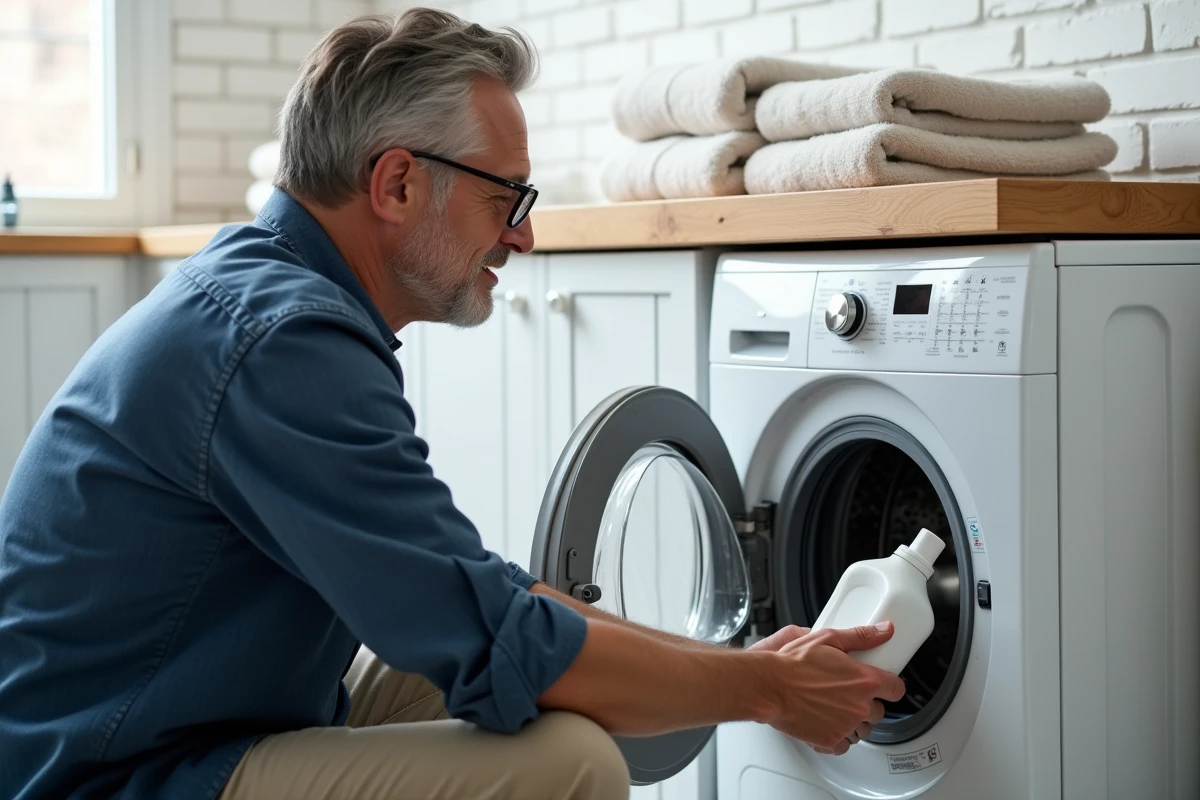Homme lisant les symboles d'utilisation sur un flacon de lessive devant un lave-linge