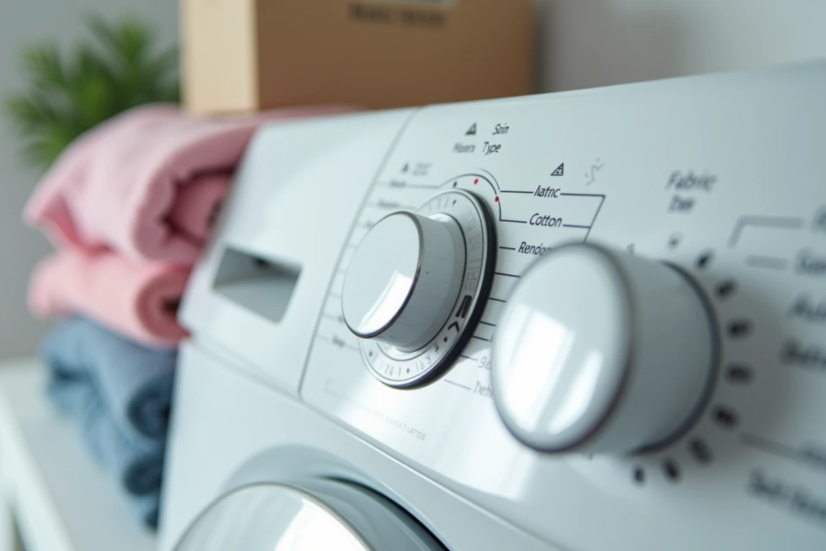 Gros plan sur les symboles du panneau de commande d'un lave-linge avec une boîte de lessive