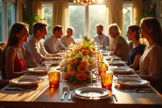 Table de dîner festif avec plats colorés et fleurs fraîches
